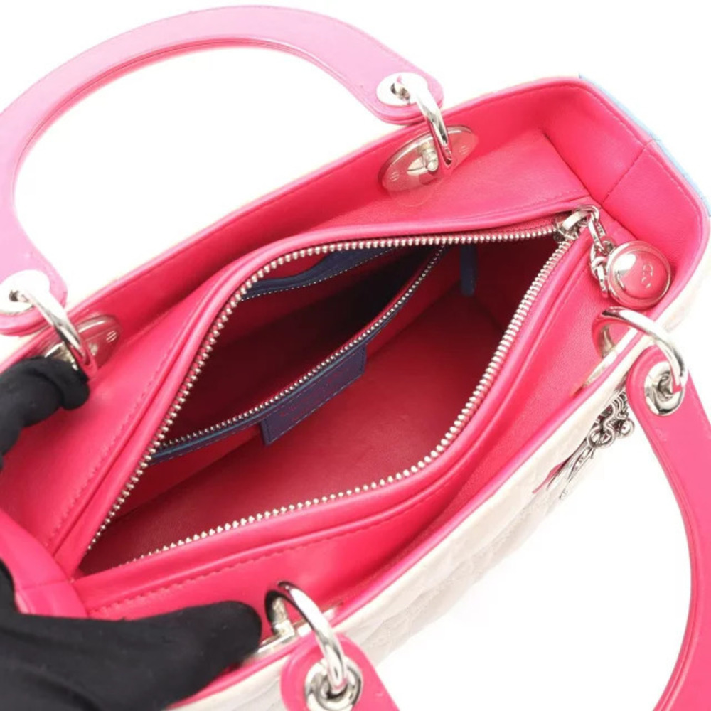 Dior LADY Beige Leather Handbag Cannage Pink Blue - Picture 3 of 8